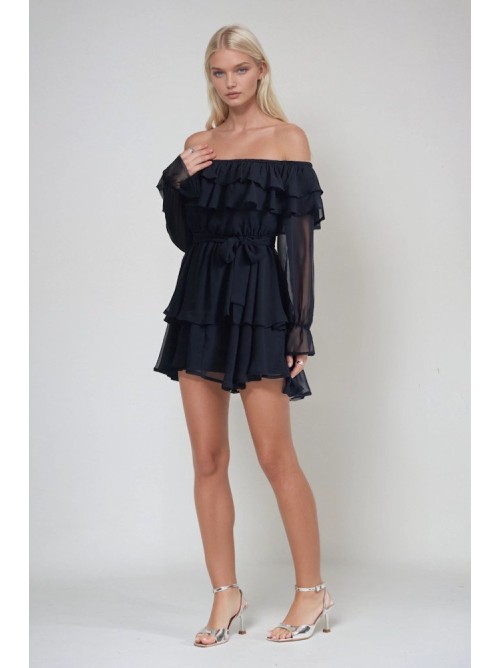 Μαύρο Off-Shoulder Mini Φόρεμα με Βολάν και Διάφανη Μακριά Μανίκια- 380