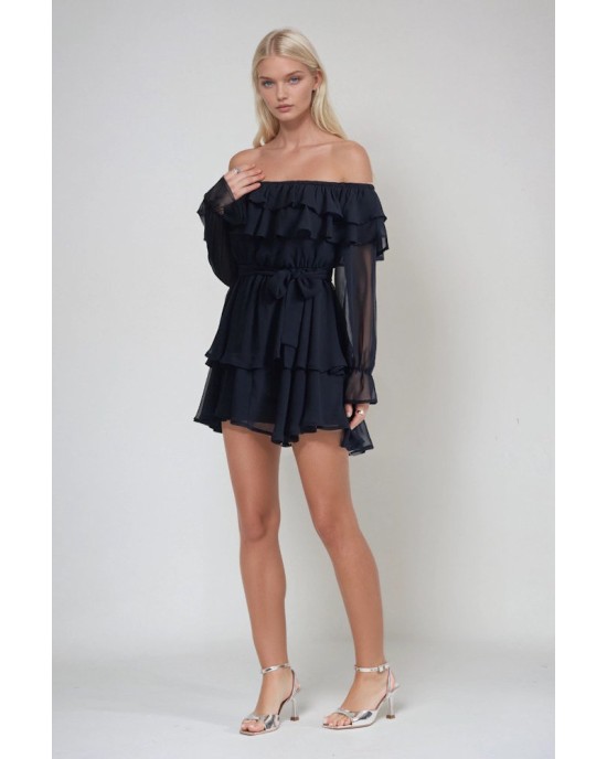 Μαύρο Off-Shoulder Mini Φόρεμα με Βολάν και Διάφανη Μακριά Μανίκια- 380
