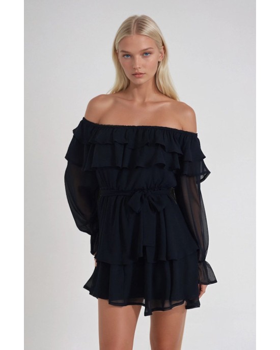 Μαύρο Off-Shoulder Mini Φόρεμα με Βολάν και Διάφανη Μακριά Μανίκια- 380