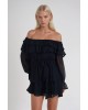 Μαύρο Off-Shoulder Mini Φόρεμα με Βολάν και Διάφανη Μακριά Μανίκια- 380