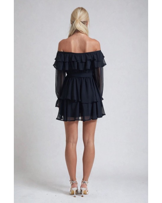 Μαύρο Off-Shoulder Mini Φόρεμα με Βολάν και Διάφανη Μακριά Μανίκια- 380