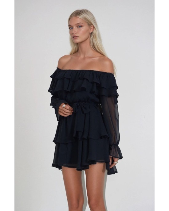 Μαύρο Off-Shoulder Mini Φόρεμα με Βολάν και Διάφανη Μακριά Μανίκια- 380