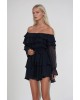 Μαύρο Off-Shoulder Mini Φόρεμα με Βολάν και Διάφανη Μακριά Μανίκια- 380