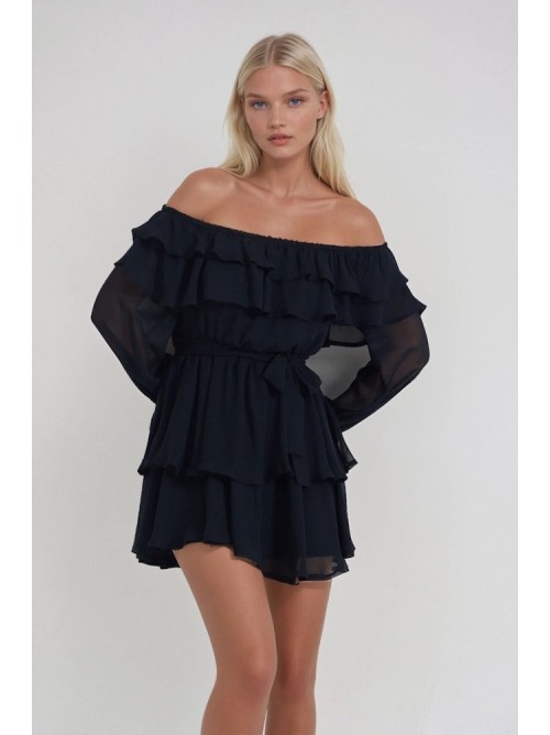 Μαύρο Off-Shoulder Mini Φόρεμα με Βολάν και Διάφανη Μακριά Μανίκια- 380