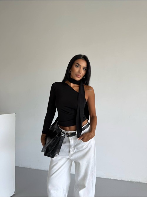 Μπλούζα Ασύμμετρη One Shoulder με Δέσιμο – Μαύρο- 272