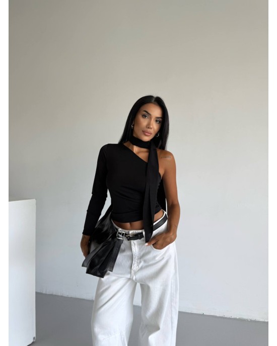 Μπλούζα Ασύμμετρη One Shoulder με Δέσιμο – Μαύρο- 272