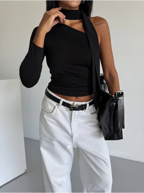 Μπλούζα Ασύμμετρη One Shoulder με Δέσιμο – Μαύρο- 272