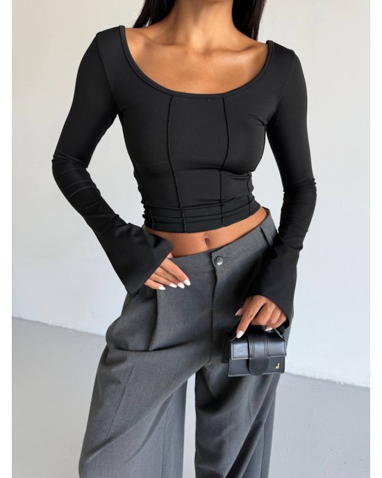 Μπλούζα Crop Top με Μακρύ Μανίκι – Μαύρο- 288