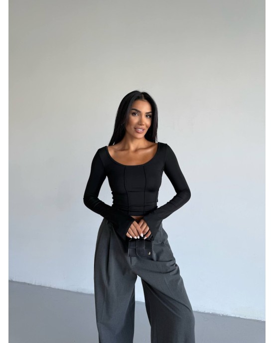 Μπλούζα Crop Top με Μακρύ Μανίκι – Μαύρο- 288