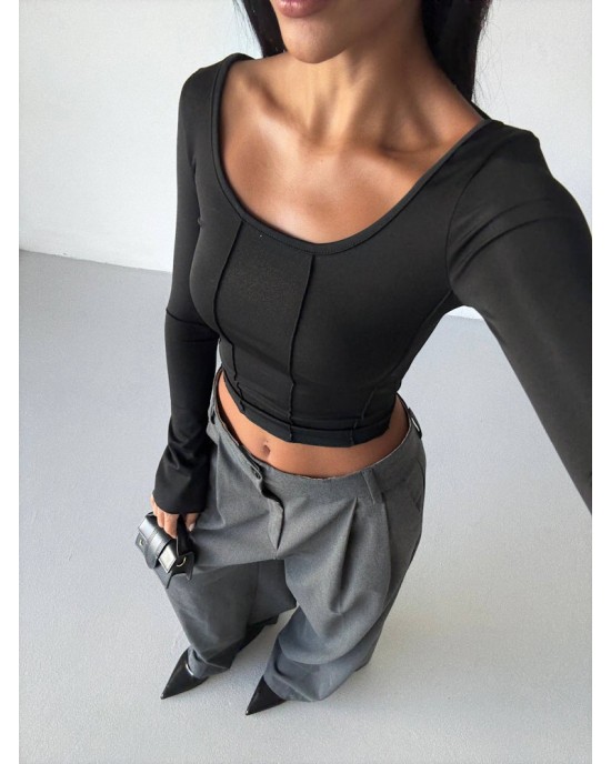 Μπλούζα Crop Top με Μακρύ Μανίκι – Μαύρο- 288