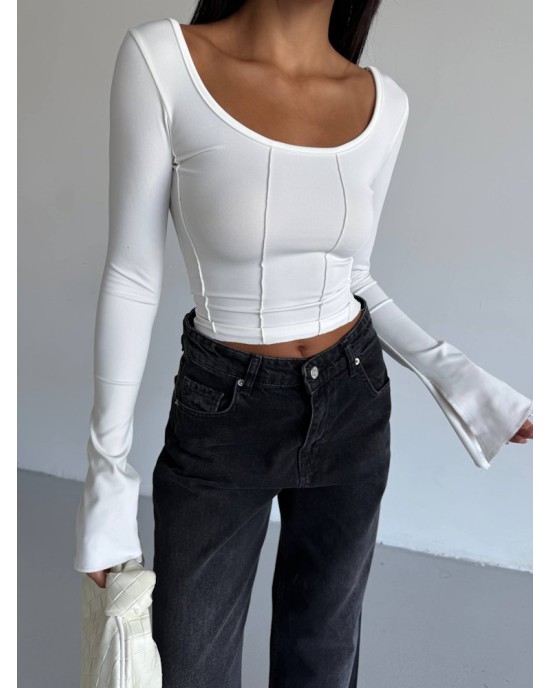 Μπλούζα Crop Top με Μακρύ Μανίκι – Άσπρο- 275