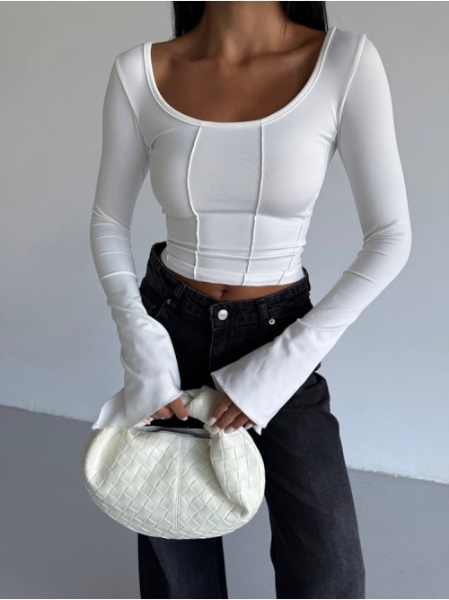 Μπλούζα Crop Top με Μακρύ Μανίκι – Άσπρο- 275