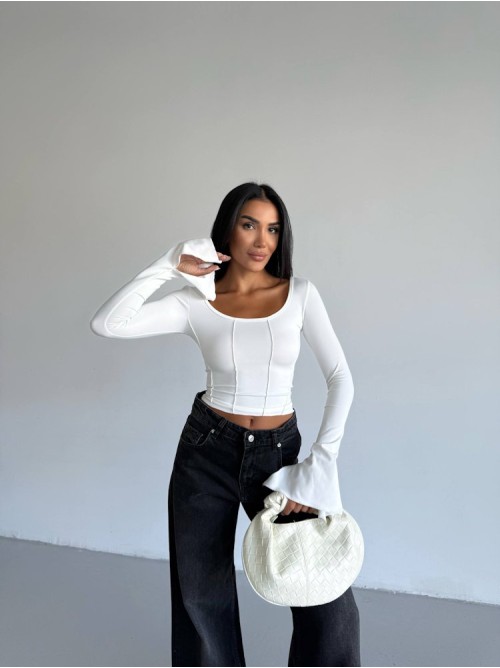 Μπλούζα Crop Top με Μακρύ Μανίκι – Άσπρο- 275