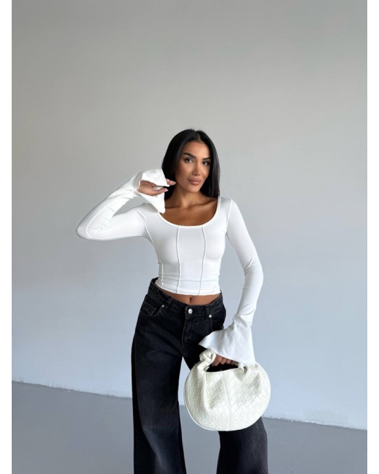 Μπλούζα Crop Top με Μακρύ Μανίκι – Άσπρο- 275