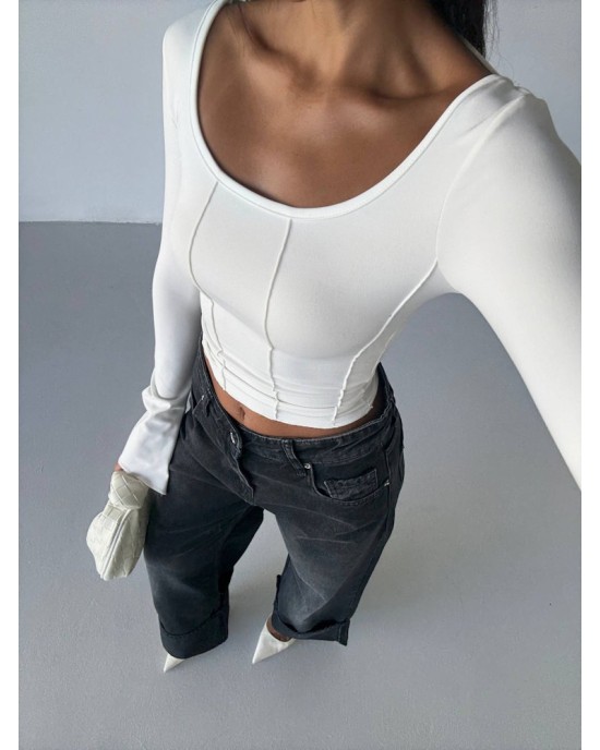 Μπλούζα Crop Top με Μακρύ Μανίκι – Άσπρο- 275