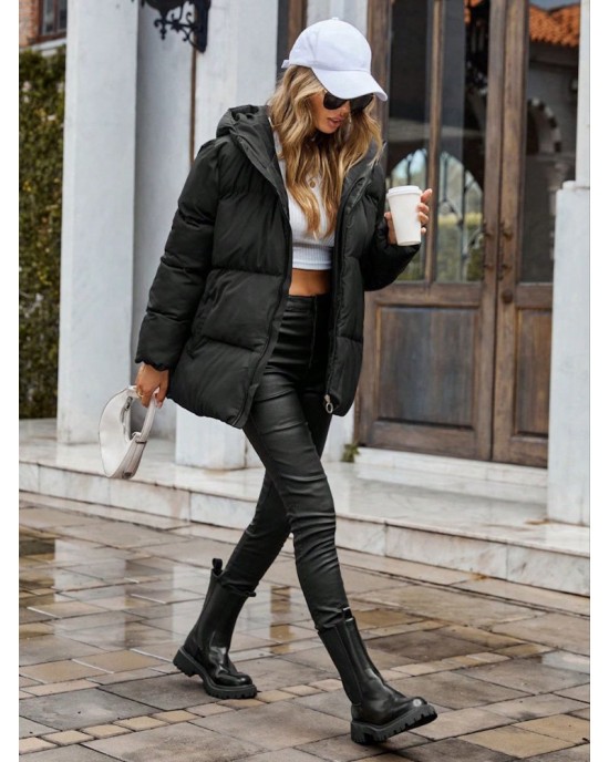 Black Hooded Puffer Jacket – Γυναικείο Φουσκωτό Μπουφάν με Κουκούλα- 346