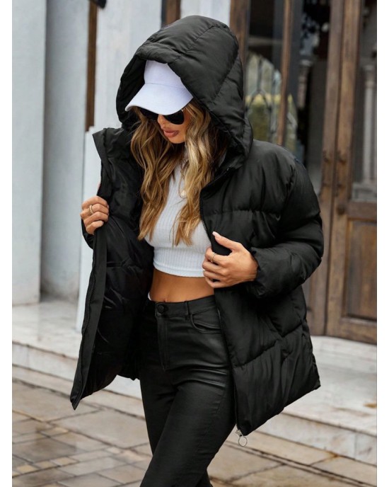 Black Hooded Puffer Jacket – Γυναικείο Φουσκωτό Μπουφάν με Κουκούλα- 346
