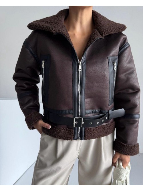 Γυναικείο Δερμάτινο Shearling Jacket με Ζώνη – Καφέ- 348