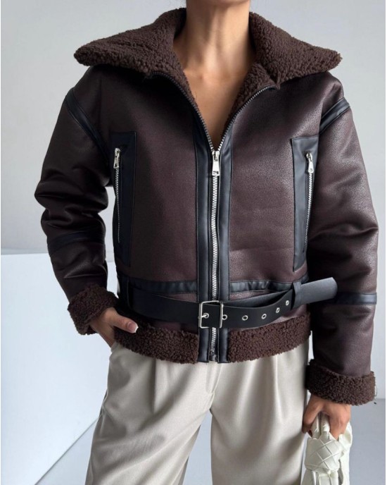 Γυναικείο Δερμάτινο Shearling Jacket με Ζώνη – Καφέ- 348