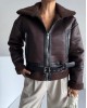 Γυναικείο Δερμάτινο Shearling Jacket με Ζώνη – Καφέ- 348