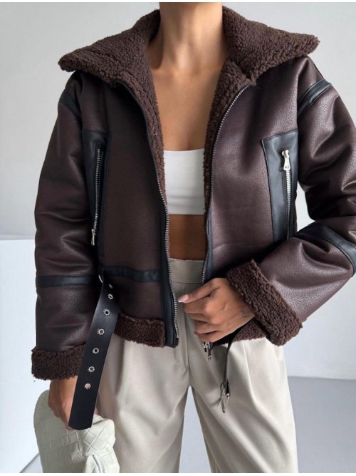 Γυναικείο Δερμάτινο Shearling Jacket με Ζώνη – Καφέ- 348