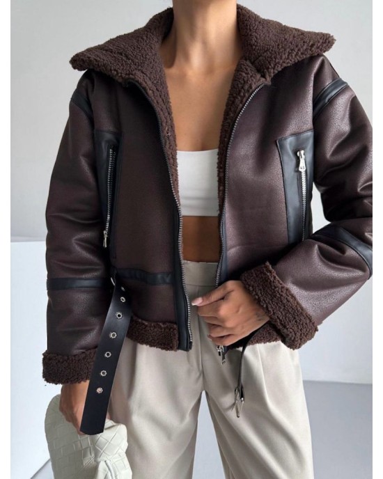 Γυναικείο Δερμάτινο Shearling Jacket με Ζώνη – Καφέ- 348