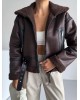 Γυναικείο Δερμάτινο Shearling Jacket με Ζώνη – Καφέ- 348