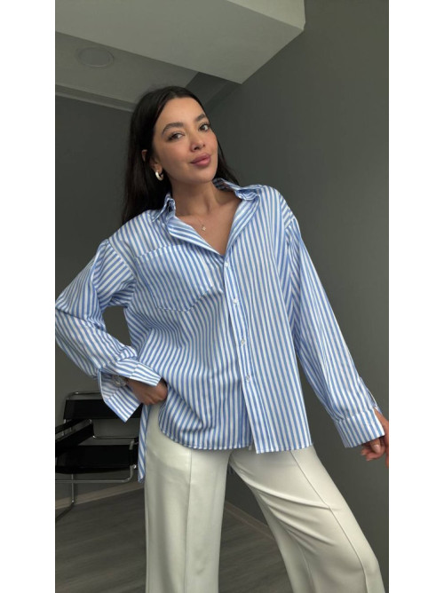 Ριγέ Πουκάμισο Oversized με Τσέπες- 395
