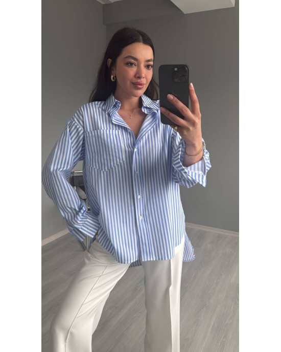 Ριγέ Πουκάμισο Oversized με Τσέπες- 395